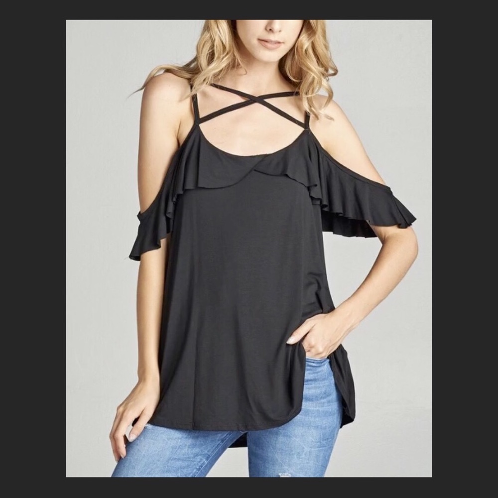 Criss-Cross Open Shoulder Ruffle Top, Black- NWOT